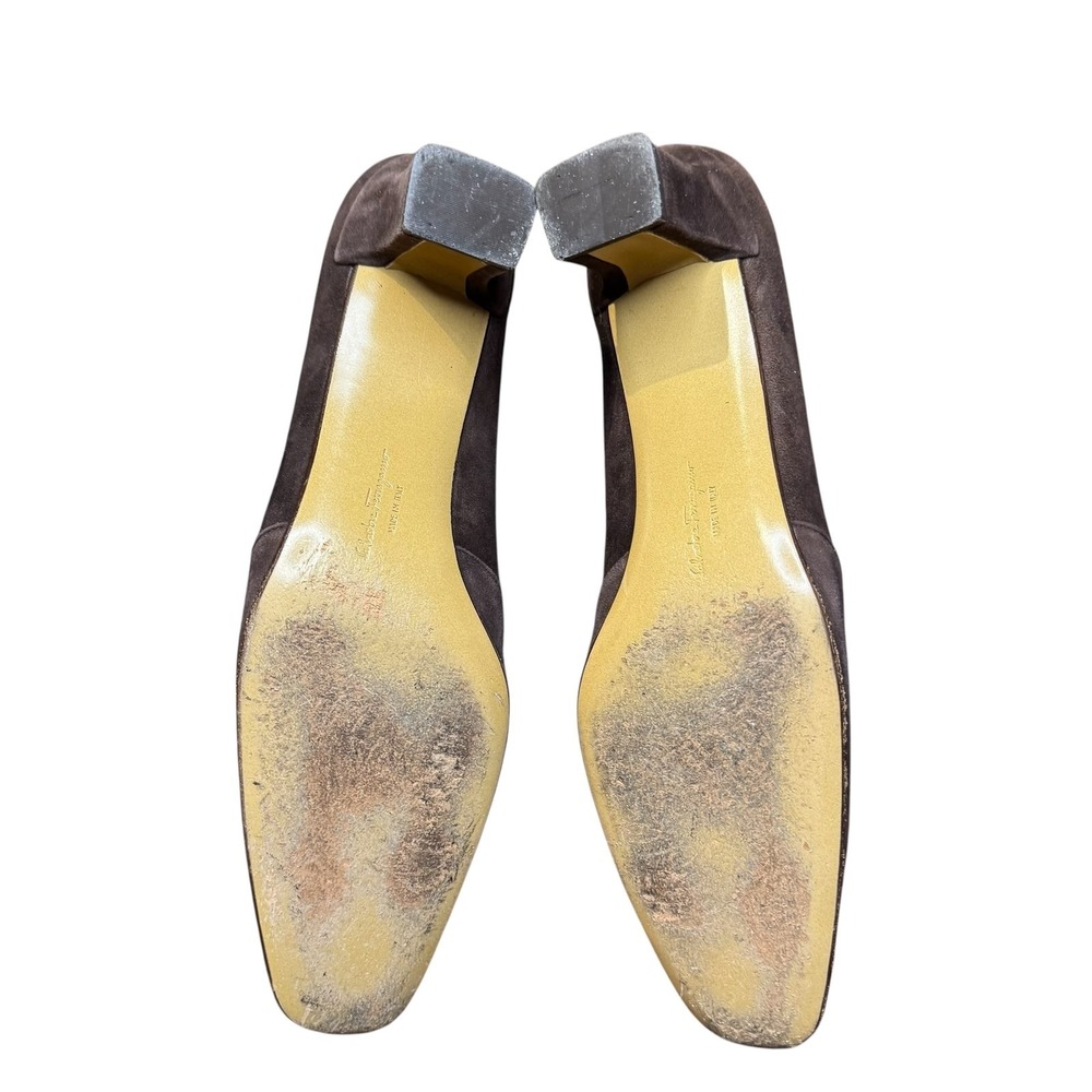 Salvatore Ferragamo Shoes Womens Size 7.5 4A‎ Brown Suede Square Toe Pumps Italy - Picture 8 of 11